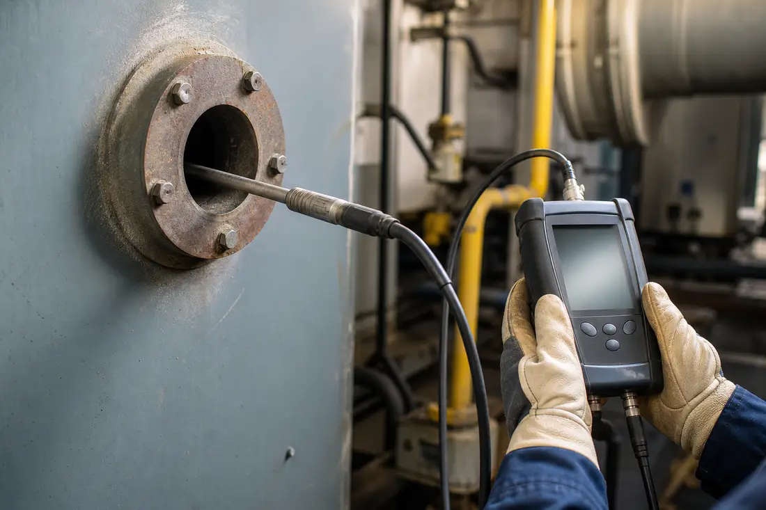 Technicien insérant la sonde d'un analyseur de combustion dans le conduit de fumées d'une chaudière pour mesurer le rendement