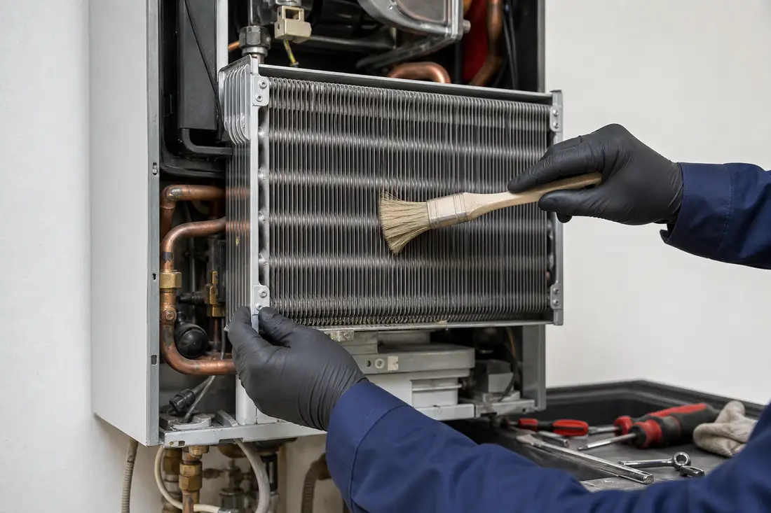 Mains gantées nettoyant l'échangeur de chaleur d'une chaudière à condensation lors d'un entretien annuel