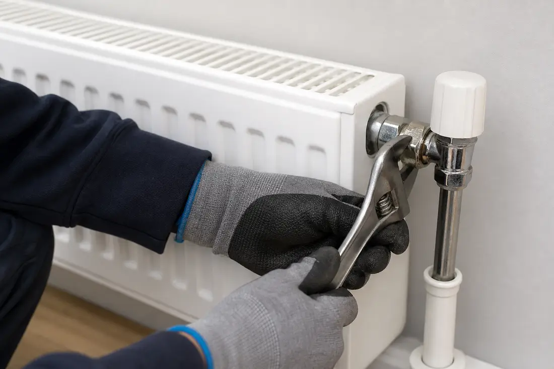 Technicien remplaçant une vanne thermostatique grippée sur un radiateur, clé à molette en main