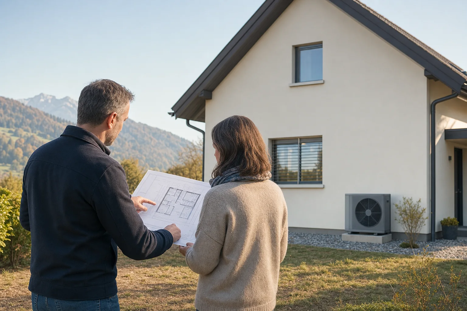 Conseillère en énergie et propriétaire examinant les plans d’une maison avec une pompe à chaleur extérieure